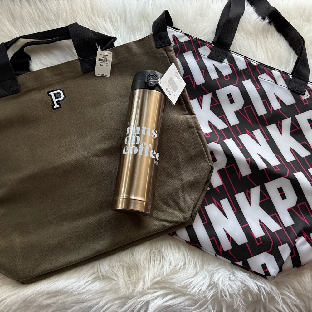 PINK Victoria's Secret Coffee Tumbler and Tote Set - Gold, Black, White
